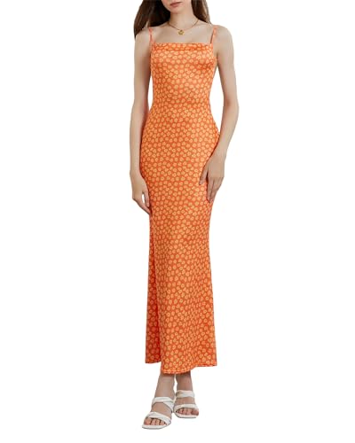 Damen-Maxikleid mit Spaghettiträgern, ärmellos, lang, einfarbig, figurbetont, unten weit ausgestellt, Abend- und Partykleid, Q-Orange, L von Felcia