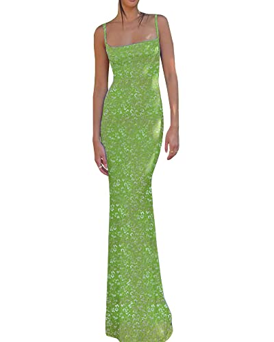 Damen Spaghettiträger, ärmellos, lang, einfarbig, figurbetont, Fischschwanzkleid, Party, Abend, Maxikleid, Q-green, Medium von Felcia