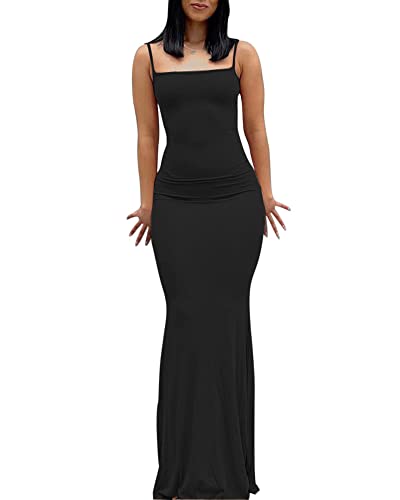 Damen-Maxikleid mit Spaghettiträgern, ärmellos, lang, einfarbig, figurbetont, unten weit ausgestellt, Abend- und Partykleid, Schwarz , Medium von Felcia