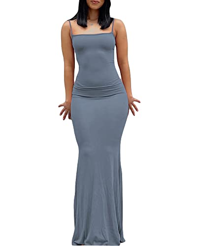 Damen-Maxikleid mit Spaghettiträgern, ärmellos, lang, einfarbig, figurbetont, unten weit ausgestellt, Abend- und Partykleid, dusty blue, L von Felcia