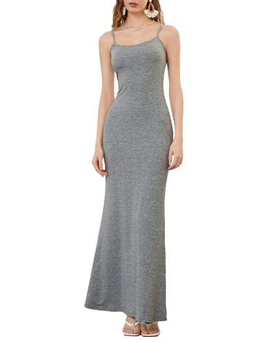 Damen-Maxikleid mit Spaghettiträgern, ärmellos, lang, einfarbig, figurbetont, unten weit ausgestellt, Abend- und Partykleid, grau, L von Felcia