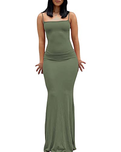 Damen-Maxikleid mit Spaghettiträgern, ärmellos, lang, einfarbig, figurbetont, unten weit ausgestellt, Abend- und Partykleid, grün, X-Small von Felcia