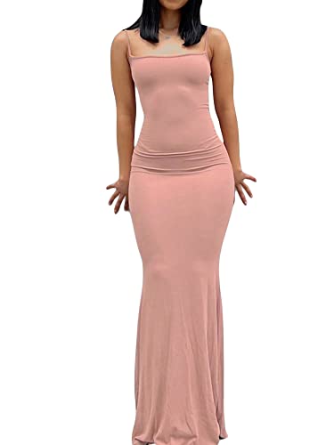 Damen-Maxikleid mit Spaghettiträgern, ärmellos, lang, einfarbig, figurbetont, unten weit ausgestellt, Abend- und Partykleid, hellrosa, L von Felcia