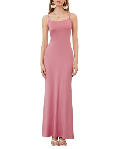 Damen-Maxikleid mit Spaghettiträgern, ärmellos, lang, einfarbig, figurbetont, unten weit ausgestellt, Abend- und Partykleid, rose, Small von Felcia