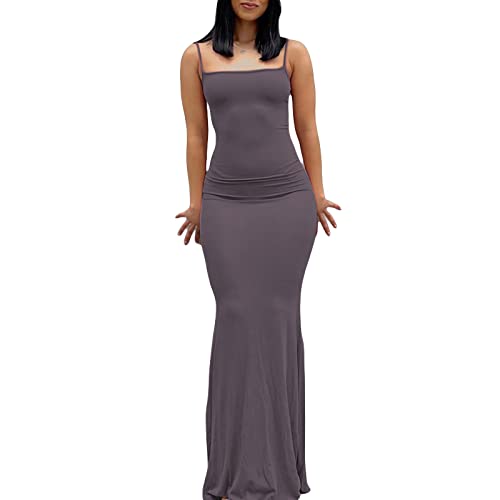 Damen-Maxikleid mit Spaghettiträgern, ärmellos, lang, einfarbig, figurbetont, unten weit ausgestellt, Abend- und Partykleid, violett, Medium von Felcia