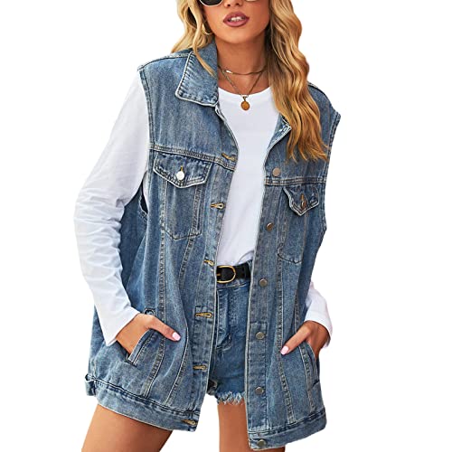 Damen Mode Denim Weste Vintage Ärmellos Button Down Oversized Jeansjacke Y2k Streetwear, A-blaues Revers, L von Felcia