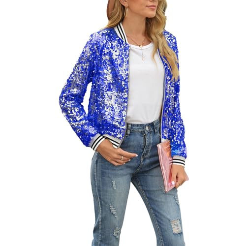Damen Paillettenjacke Sparkly Langarm Front Reißverschluss Bomberjacke Casual Loose Fit Going Out Coat Streetwear, A-Blau, M von Felcia