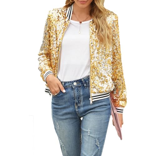 Damen Pailletten Jacke Sparkly Langarm Front Reißverschluss Bomberjacke Casual Loose Fit Going Out Coat Streetwear, A-Gold, XXL von Felcia