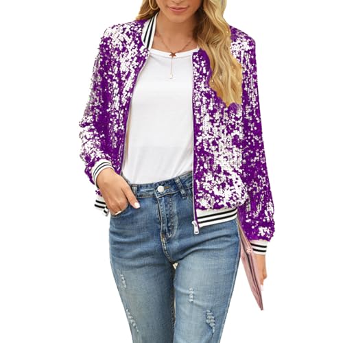 Damen Pailletten Jacke Sparkly Langarm Front Reißverschluss Bomberjacke Casual Loose Fit Going Out Coat Streetwear, A-purple, L von Felcia