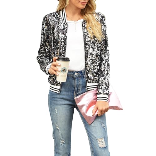 Damen Pailletten Jacke Sparkly Langarm Front Reißverschluss Bomberjacke Casual Loose Fit Going Out Coat Streetwear, A-schwarz, S von Felcia