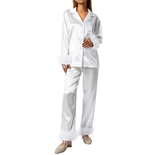 Damen-Pyjama-Set aus Seide, elegant, langärmelig, Knopfleiste, Federbesatz, Hemd und lange Hose, Lounge-Set, zweiteilige Nachtwäsche, A-weiß, S von Felcia