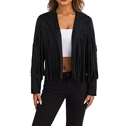 Damen Quaste Jacke Vintage Langarm Fransen Jacken Faux Wildleder Motor Biker Cropped Jacke Cardigan 70er Jahre Hippie Kostüm, A-schwarz, L von Felcia