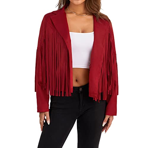 Damen Quaste Jacke Vintage Langarm Fransen Jacken Faux Wildleder Motor Biker Cropped Jacke Cardigan 70er Jahre Hippie Kostüm, rot (a), L von Felcia