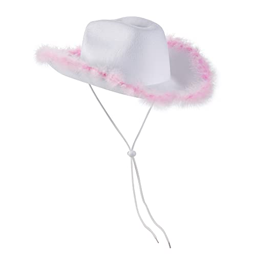 Cowboyhut für Damen, Erwachsene, einfarbig, pelziger Rand, breite Krempe, Cowboyhüte mit Federn für Verabredung, Party, Tanz, Rosa, Einheitsgröße Cowboyhut für Damen, Erwachsene, einfarbig, pelziger Rand, breite Krempe, Cowboyhüte mit Federn für Verabredung, Party, Tanz, Rosa, Einheitsgröße von Felcia