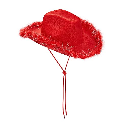 Cowboyhut für Damen, Erwachsene, einfarbig, pelziger Rand, breite Krempe, Cowboyhüte mit Federn für Verabredung, Party, Tanz, Rosa, rot, Einheitsgröße von Felcia