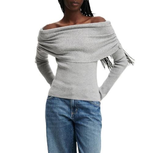 Damen Schulterfrei Pullover Elegant Langarm Slim Fit Strickpullover Frühling Ausgehen Tops Y2k Streetwear, A-grau, XL von Felcia
