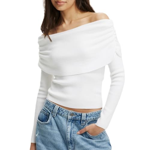 Damen Schulterfrei Pullover Elegant Langarm Slim Fit Strickpullover Frühling Ausgehen Tops Y2k Streetwear, A-weiß, L von Felcia