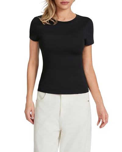 Felcia Damen Skims Dupe T-Shirt Fitted Crop Tops Einfarbig Kurzarm Cropped Baby Tees Sommer Streetwear Y2K Tops, C-schwarz, Small von Felcia
