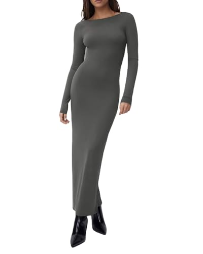 Damen Skims Kleid Lang Bodycon Kleid Rückenfrei Langarm Kleid Frühling Herbst Partykleid, A-grau, L von Felcia