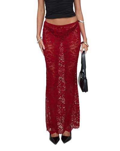 Damen Sommer Bodycon Spitzenrock Hohe Taille Sheer Spitze Floral A-Linie Maxirock, A-burgund, XL von Felcia