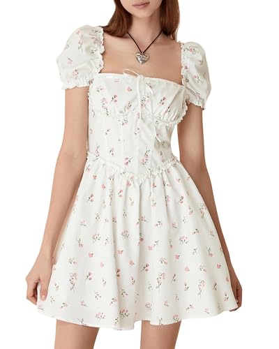 Damen Sommer Boho Kleid Rückenfrei Casual Korsett Kleid Rüschen Floral gesmokt A-Linie Strand Party Kleid, A-weiß, L von Felcia