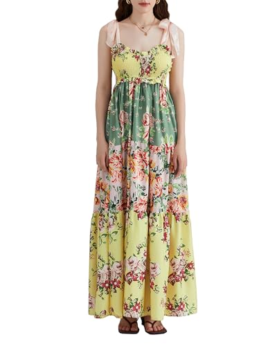 Damen Sommer Boho Langes Kleid Blumendruck Tie-up Schultergurte Ärmelloses Kleid Sommer Big Swing Flowy A-Linie Kleid, A-gelb, Medium von Felcia