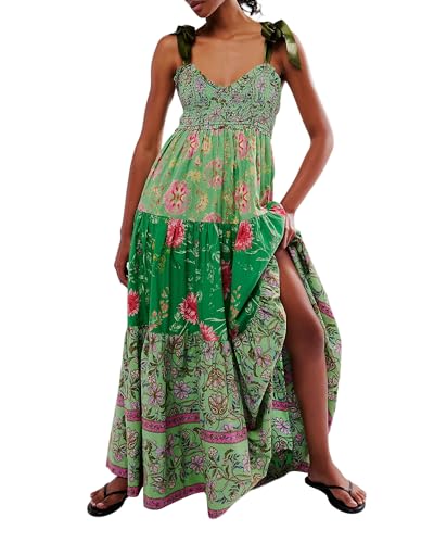Damen Sommer Boho Langes Kleid Blumendruck Tie-up Schultergurte Ärmelloses Kleid Sommer Big Swing Flowy A-Linie Kleid, A-grün, M von Felcia
