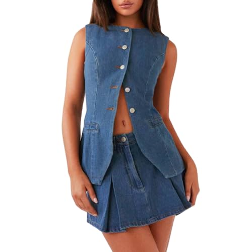 Damen Sommer Denim Rock Outfit Ärmellos Vielseitig Lang Denim Weste Top mit Jeansröcke Zweiteiliges Outfit Y2k Streetwear, A-Blau, S von Felcia