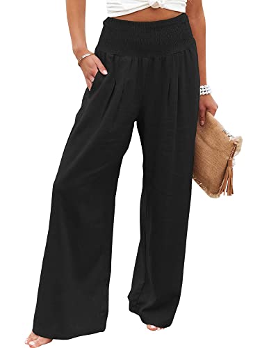 Damen Sommer Lose Lange Hose Freizeit Stil Einfarbig Hohe Taille Geraffte Strand Weite Bein Hose mit Tasche, Schwarz , XXL von Felcia