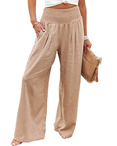 Damen Sommer Lose Lange Hose Freizeit Stil Einfarbig Hohe Taille Geraffte Strand Weite Bein Hose mit Tasche, khaki, L von Felcia