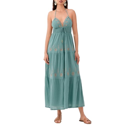 Damen Sommer Maxikleid Casual V-Ausschnitt Spaghettiträger Blumenstickerei A-Linie Kleid Rückenfrei Urlaub Strandkleid, A-Blau, L von Felcia