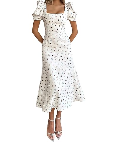 Damen Sommer Midikleid Casual Kurze Puffärmel Kleid Blumendruck A-Linie Elegant Flowy Kleid, A-braun Weiß, Medium von Felcia