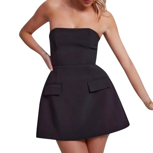 Damen Sommer Trägerloses Tube Minikleid Elegant Rückenfrei Slim Fit A-Linie Kleid für Ausgehen Party Clubwear, B-schwarz, X-Large von Felcia