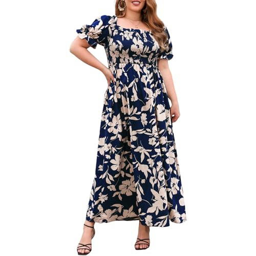 Damen Sommer Übergröße Langes Kleid Blumendruck Quadratischer Ausschnitt Hohe Taille A-Linie Kleid Casual Lose Strand Urlaub Böhmisches Kleid, A-Blau, 4XL von Felcia