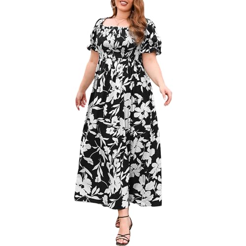 Damen Sommer Übergröße Langes Kleid Blumendruck Quadratischer Ausschnitt Hohe Taille A-Linie Kleid Casual Lose Strand Urlaub Böhmisches Kleid, A-schwarz, 4XL von Felcia