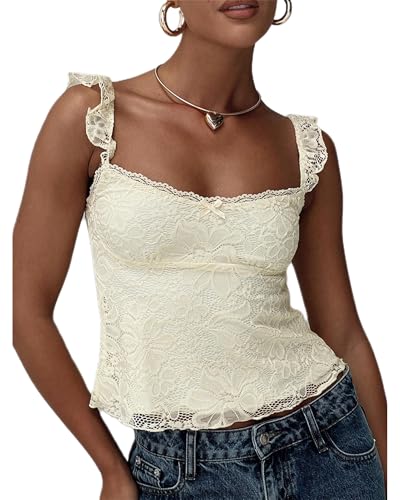 Damen Sommer Y2k Spitze Cami Tops Ärmellos Rückenfrei Low Cut Spitze Floral Tank Tops, A-Hellgelb, M Damen Sommer Y2k Spitze Cami Tops Ärmellos Rückenfrei Low Cut Spitze Floral Tank Tops, A-Hellgelb, M von Felcia