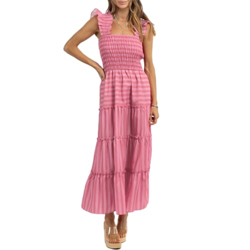 Damen-Sommerkleid, Rüschen, Tankkleid, lässig, gestreift, rückenfrei, fließend, A-Linie, Strandparty, langes Kleid, A-Pink, M Damen-Sommerkleid, Rüschen, Tankkleid, lässig, gestreift, rückenfrei, fließend, A-Linie, Strandparty, langes Kleid, A-Pink, M von Felcia