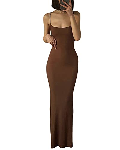 Damen-Maxikleid mit Spaghettiträgern, ärmellos, lang, einfarbig, figurbetont, unten weit ausgestellt, Abend- und Partykleid, braun, L von Felcia