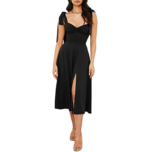 Damen Spaghettiträger Langes Kleid Y2K Ärmelloses Tie-up Rückenfreies Blumenkleid Ausgehen Schulterfrei Cocktailparty Kleid, E-Schwarz, Small von Felcia