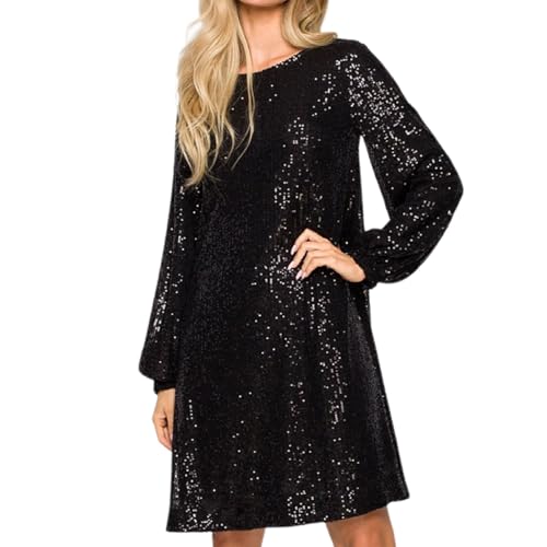 Damen Sparkly Pailletten Minikleid Rundhals Langarm Taille Krawatte Glitzer Kurzes Kleid Elegant Cocktail Party Kleid Clubwear, A-schwarz, L von Felcia