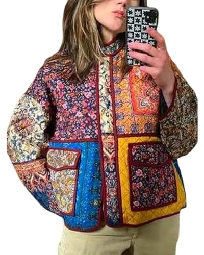 Damen Steppjacke Blumendruck Langarm Knopfleiste Jacke Leichte Vintage Bestickte Jacke Oberbekleidung, C-Mehrfarbig, 38 von Felcia