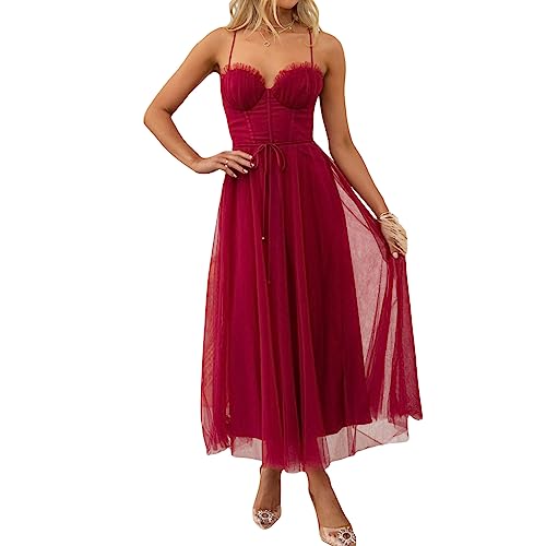 Damen Tüll Formelle Abendkleid Einfarbig Rückenfrei Korsett Kleid Elegante Party Cocktail Hochzeit Abendkleid, A-Wine Red, Medium von Felcia