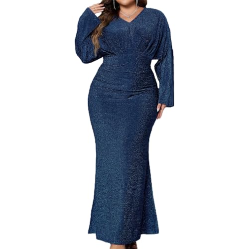 Damen Übergröße Abendkleid Elegant Langarm V-Ausschnitt Pailletten Bodycon Maxikleid Party Abschlussball formelle Kleider, A-Blau, XXL von Felcia