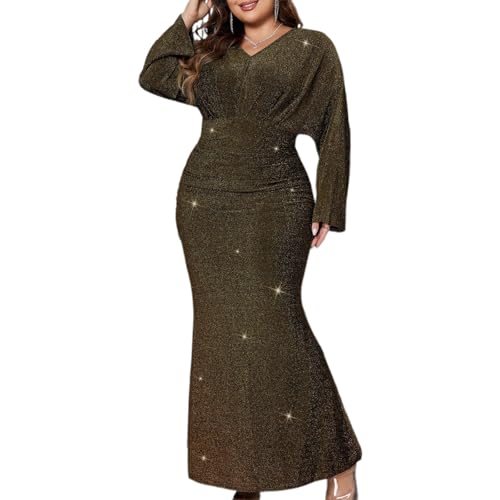 Damen Übergröße Abendkleid Elegant Langarm V-Ausschnitt Pailletten Bodycon Maxikleid Party Abschlussball formelle Kleider, A-Gold, 3XL von Felcia