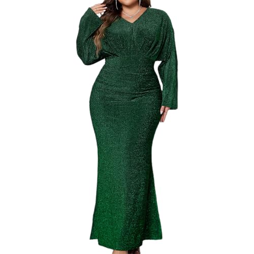 Damen Übergröße Abendkleid Elegant Langarm V-Ausschnitt Pailletten Bodycon Maxikleid Party Abschlussball formelle Kleider, A-grün, 4XL von Felcia