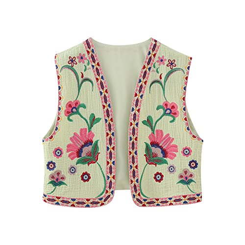 Damen Westen Vintage Floral Bestickt Crop Weste Casual Nationalen Stil Offene Front Ärmellos Cardigan Oberbekleidung Gilet Streetwear, A-Grün Bunt, 36 von Felcia