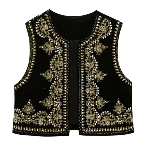 Damen Westen Vintage Floral Bestickt Crop Weste Casual Nationalen Stil Offene Front Ärmellos Cardigan Oberbekleidung Gilet Streetwear, C-schwarz, 36 von Felcia