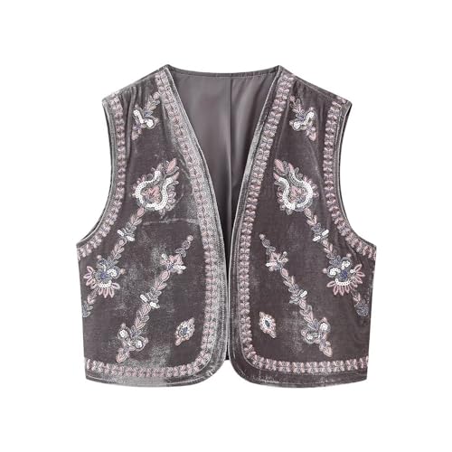 Damen Westen Vintage Floral Bestickt Crop Weste Casual Nationalen Stil Offene Front Ärmellos Cardigan Oberbekleidung Gilet Streetwear, J-grau, 42 von Felcia