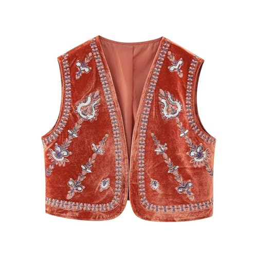 Damen Westen Vintage Floral Bestickt Crop Weste Casual Nationalen Stil Offene Front Ärmellos Cardigan Oberbekleidung Gilet Streetwear, J-red, 42 von Felcia