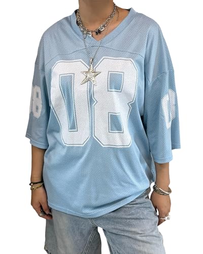 Damen Y2K Basketball-T-Shirt, kurzärmelig, V-Ausschnitt, Zahlendruck, übergroßes T-Shirt, lockeres Blokecore-Jersey, Shirt, ästhetische Streetwear, Blau Q, S von Felcia